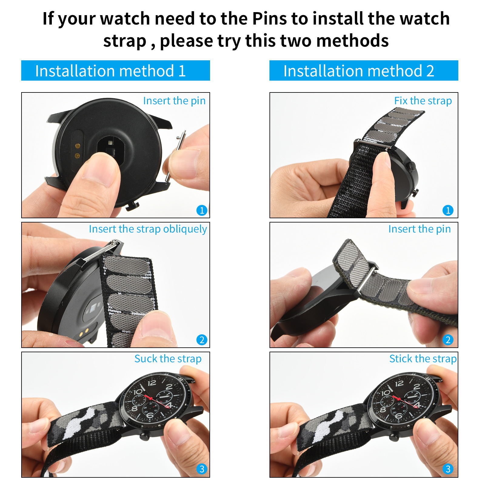 Zwei Methoden zeigen, wie man ein Uhrenarmband installiert. Die erste verwendet einen Stift. Die zweite fixiert das Armband.