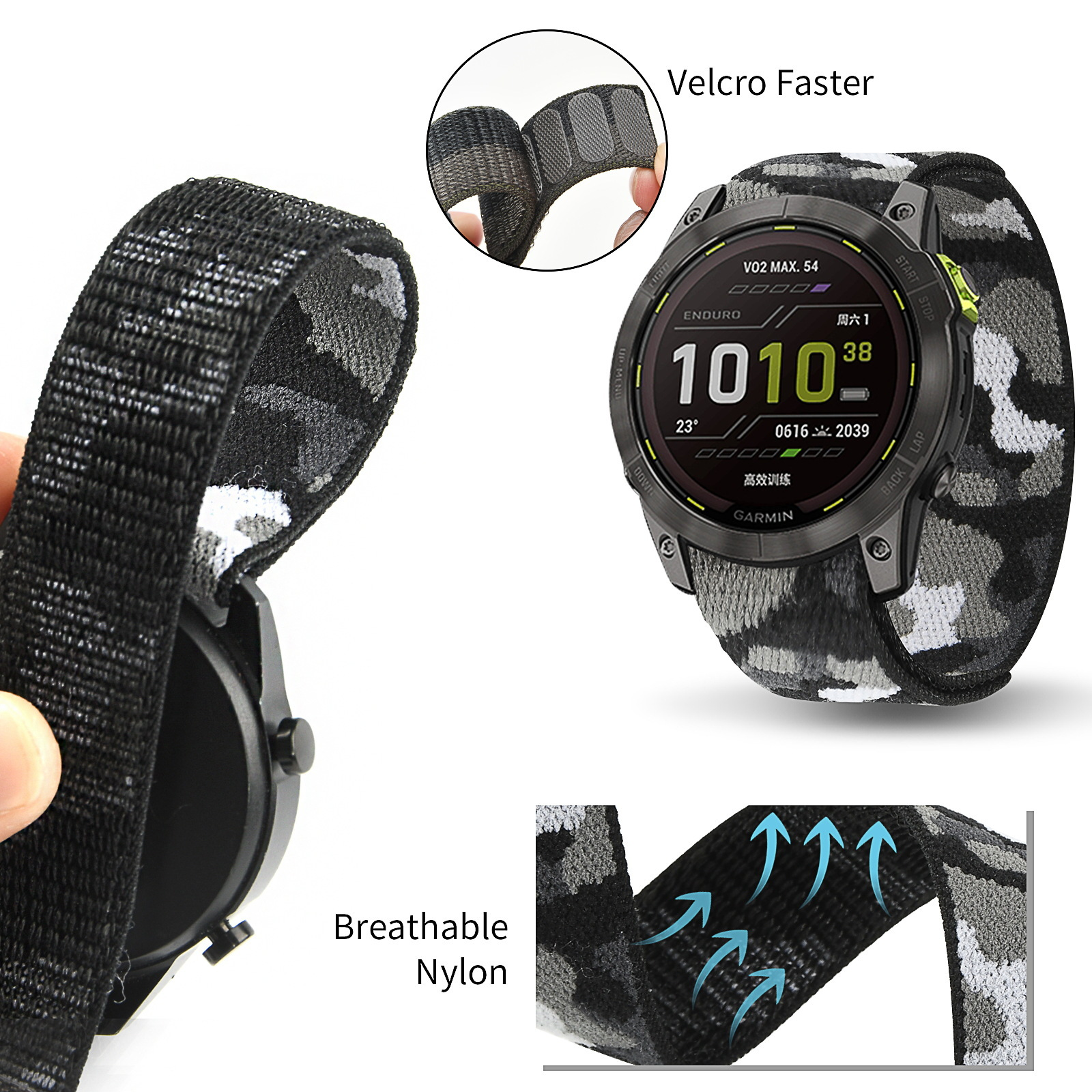 Schwarze und Tarnuhr mit Nylonarmband und Klettverschluss. Verfügt über atmungsaktives Nylondesign.