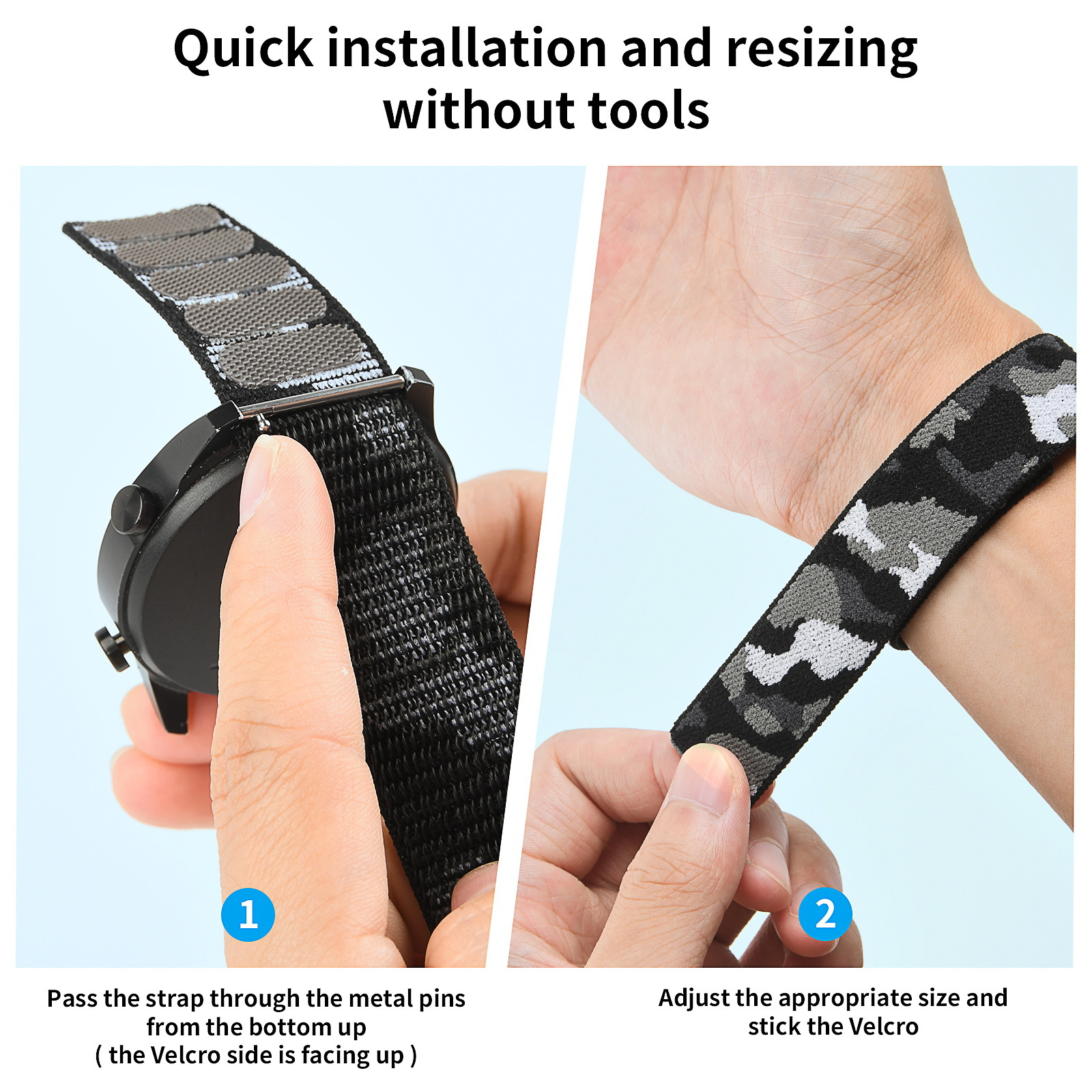 Zwei Bilder, die zeigen, wie man ein Armband anbringt. Eine Hand legt das Band an die Uhr.