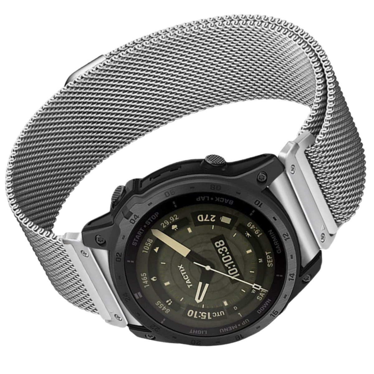 Smartwatch con cinturino in metallo. Quadrante nero con ora e dati. Sfondo bianco.