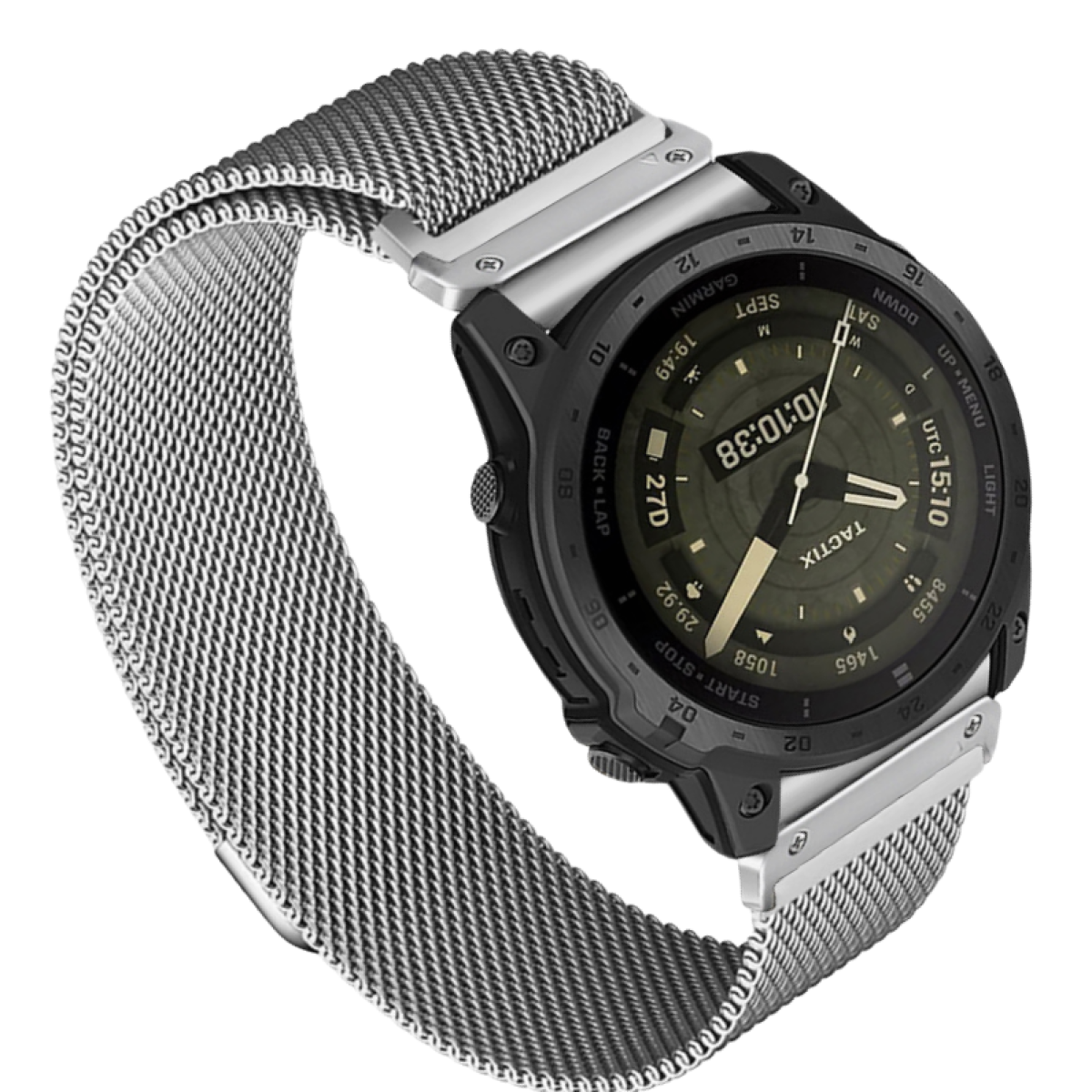 Smartwatch con cinturino in metallo e quadrante nero, che mostra l'ora.