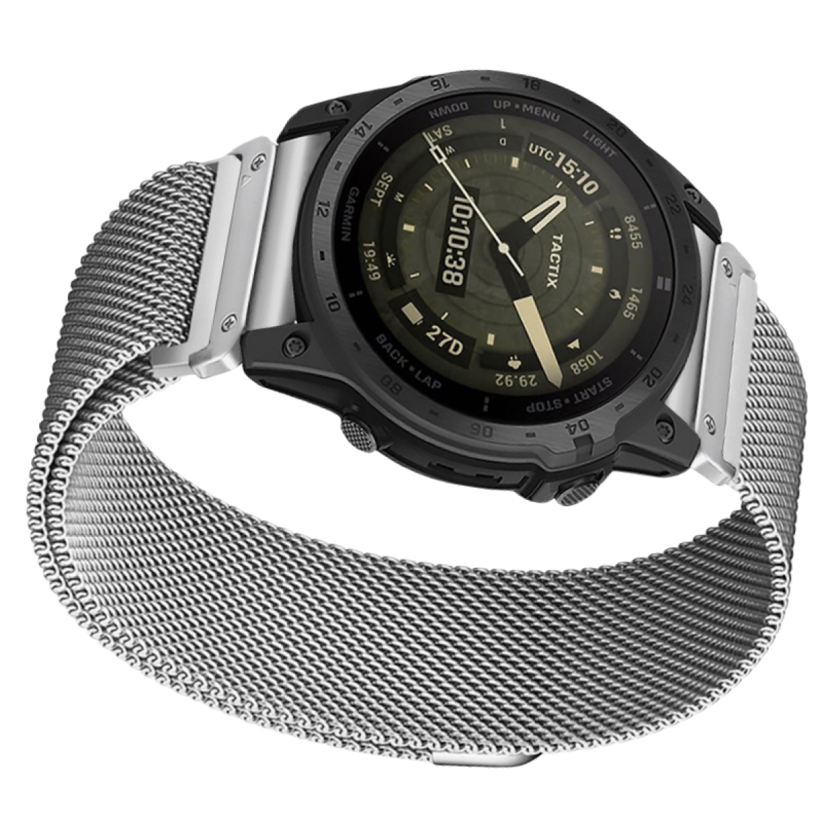 Uno smartwatch nero e argento su un cinturino in metallo argentato. Il quadrante mostra l'ora.
