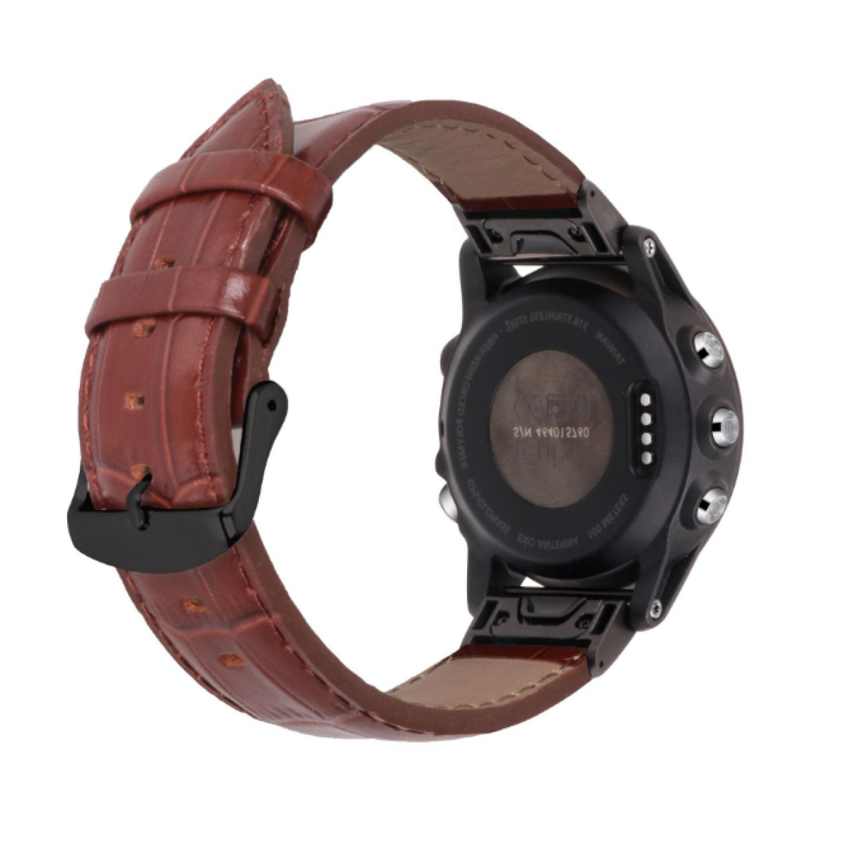 Ein braunes Lederarmband wird mit einer schwarzen Uhr gezeigt. Die Uhr hat drei Knöpfe an der Seite.