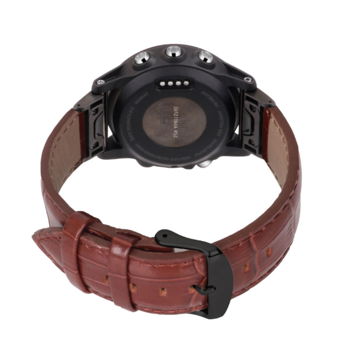 Die Rückseite einer schwarzen Smartwatch mit braunem Lederarmband und Schnalle, die Sensoren zeigt.