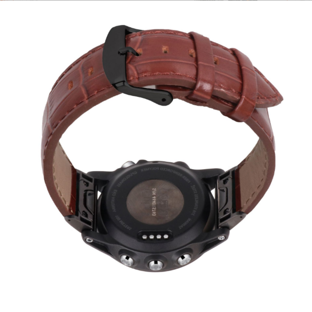 Smartwatch-Rückansicht mit braunem Lederarmband. Weißer Hintergrund.