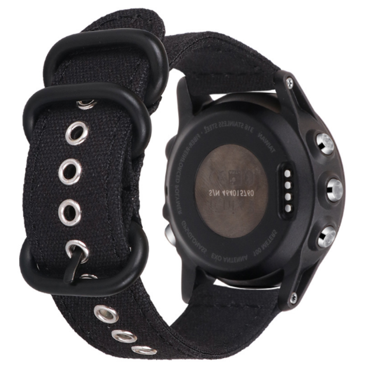 Orologio sportivo nero con cinturino in tela nera e fibbie in acciaio. Il retro dell'orologio è visibile.