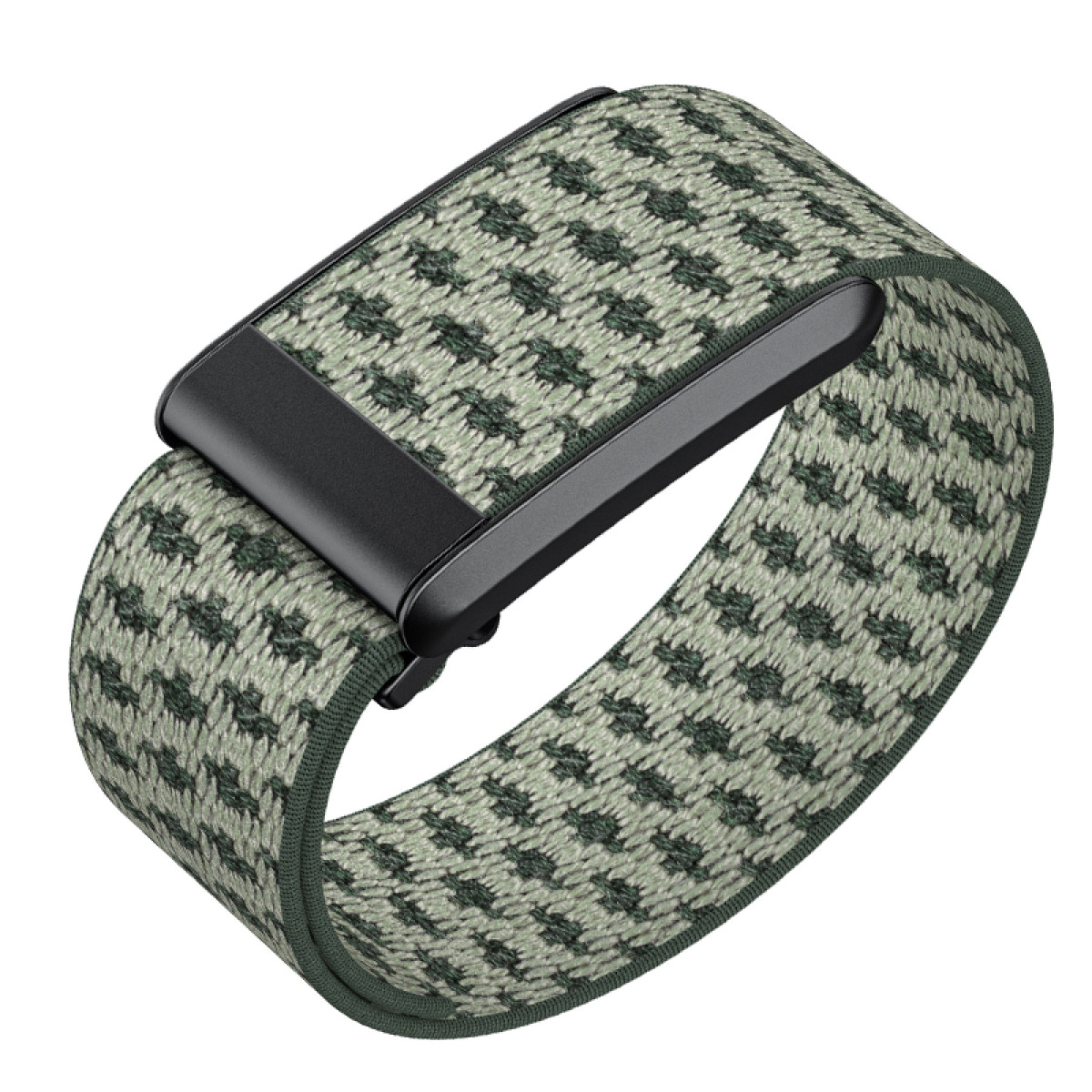 Grün-schwarz gemustertes Uhrenarmband mit schwarzem Verschluss auf weißem Grund.