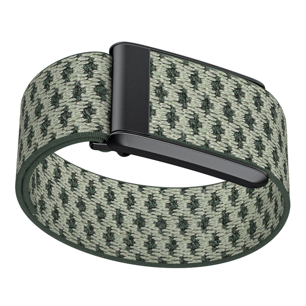 Grünes und graues Uhrenarmband mit schwarzem Verschluss.