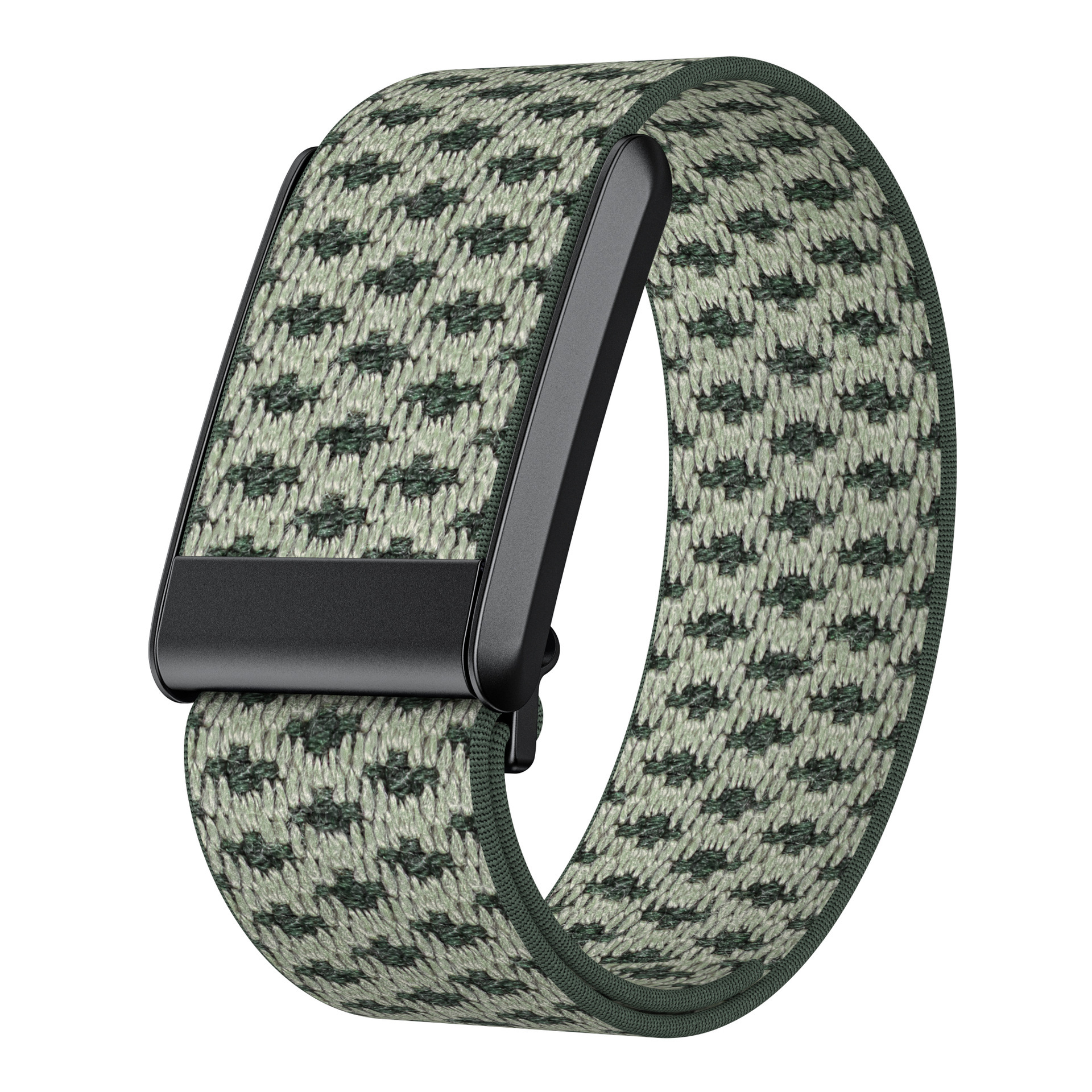 Ein grün-schwarz gemustertes Uhrenarmband mit schwarzer Schnalle auf dunklem Untergrund.