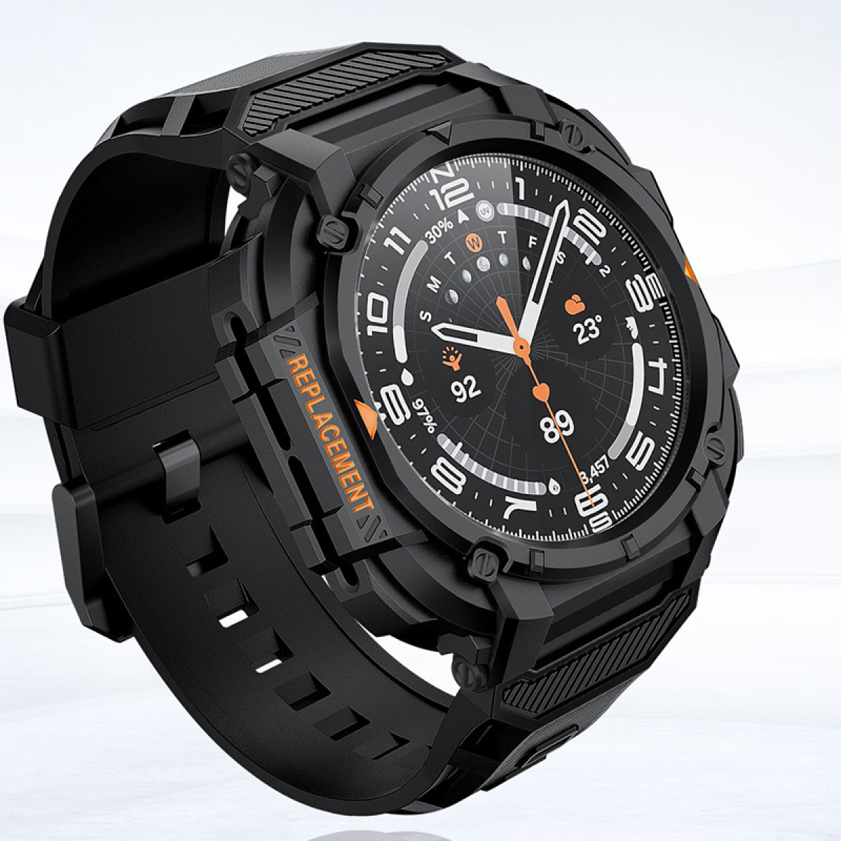 Smartwatch nero con cinturino nero. Il quadrante mostra un'interfaccia digitale.
