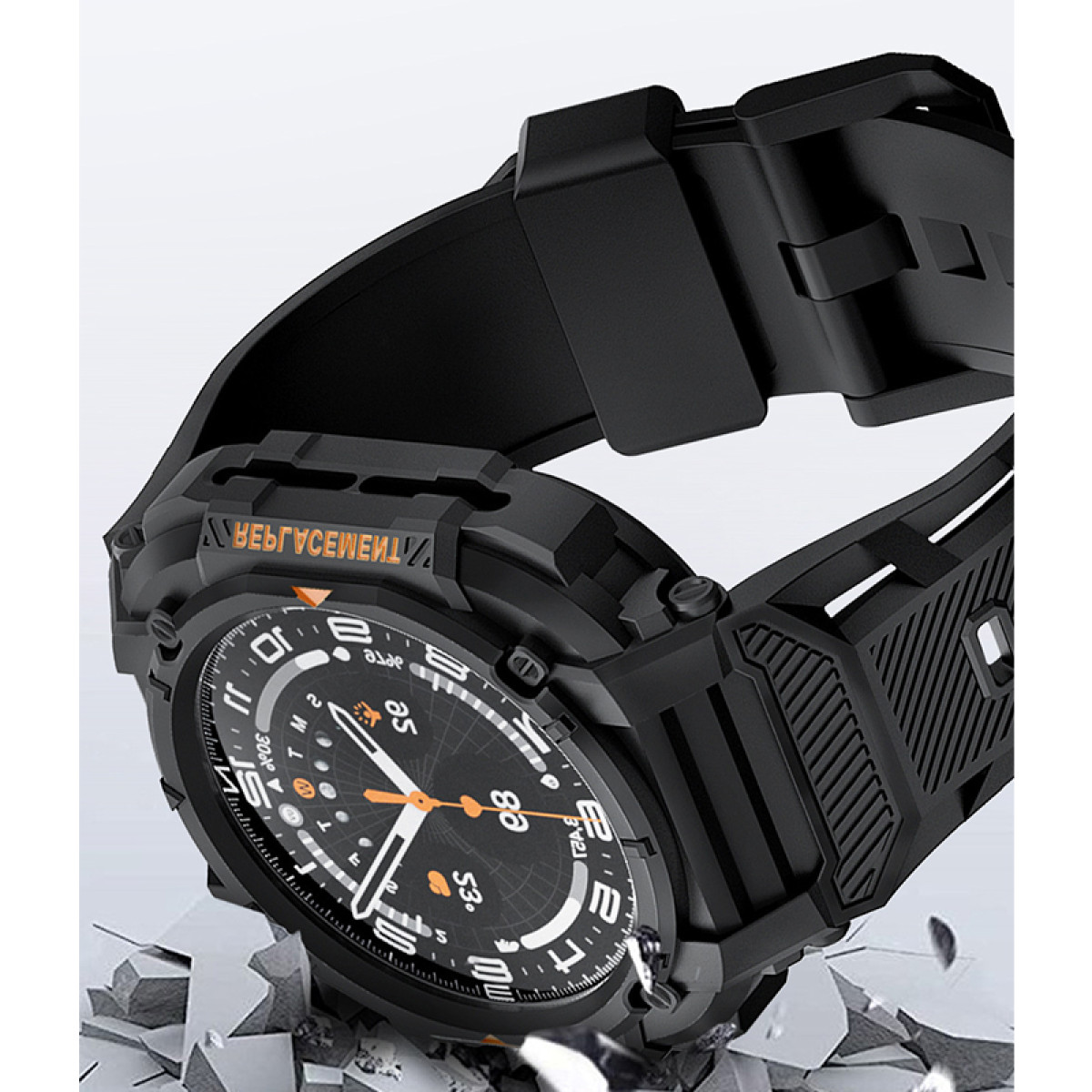 Smartwatch nero con cinturino nero, dettagli arancioni e sfondo bianco con detriti.