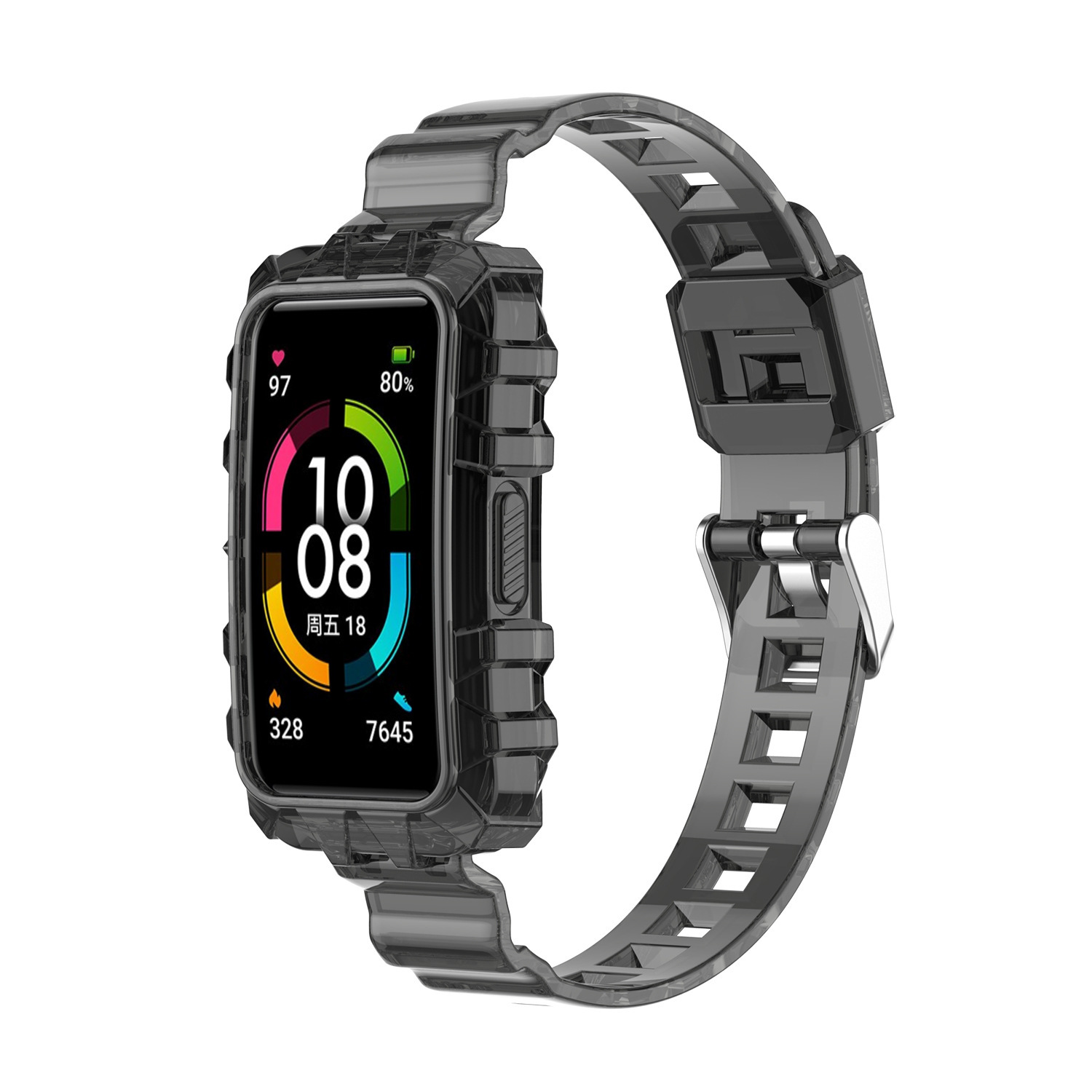 Smartwatch nero con cinturino nero, mostra ora e percentuale batteria.