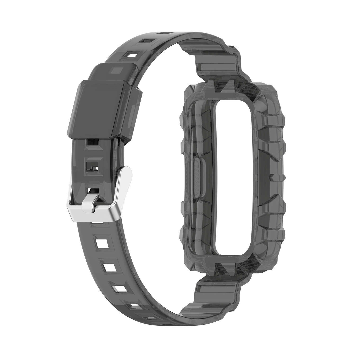 Un cinturino e una cassa per orologio grigio scuro trasparenti. La cassa è attorno a un cinturino.