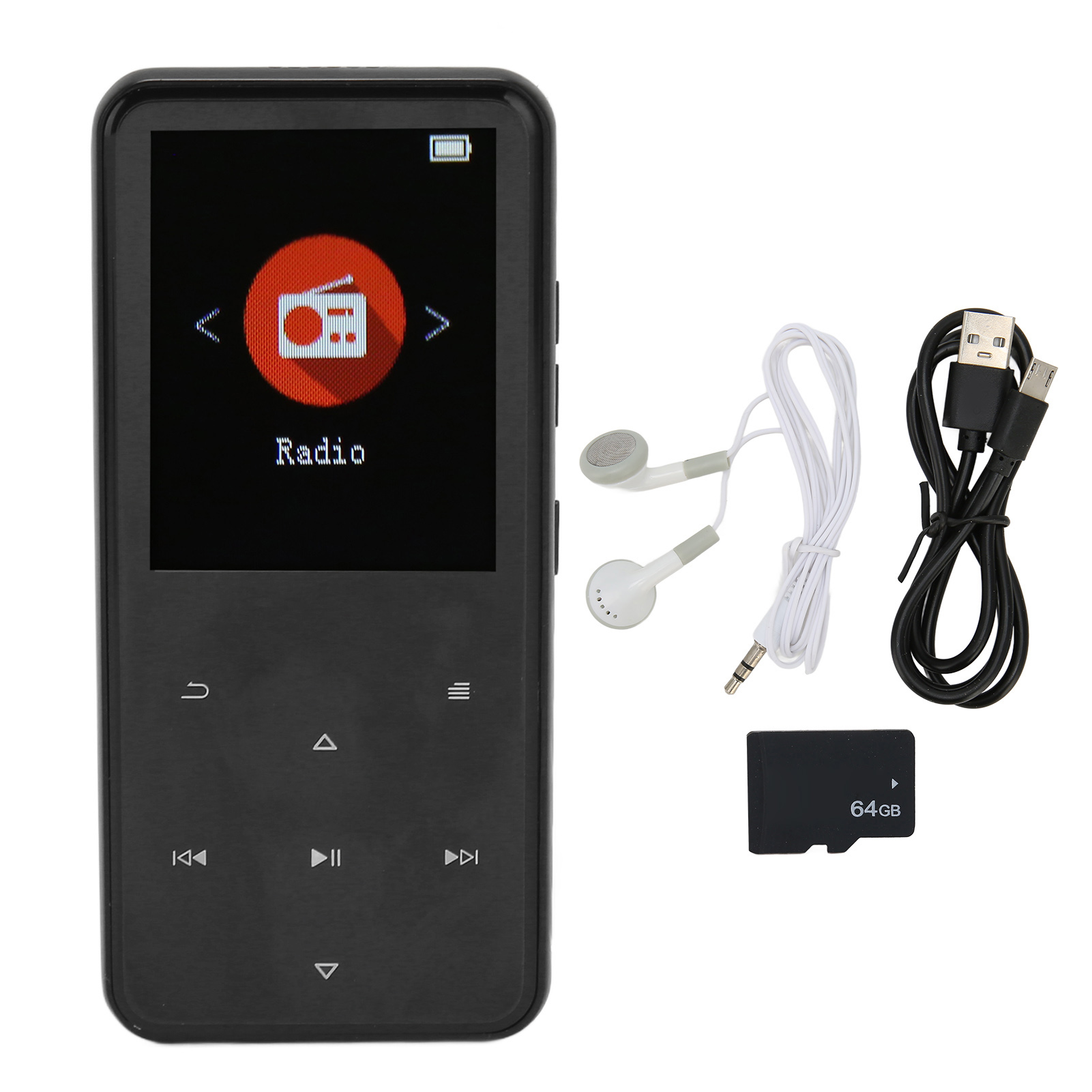 Schwarzer MP3-Player mit Bildschirm, Kopfhörern, Ladekabel, SD-Karte und USB-Kabel, alles auf Weiß.