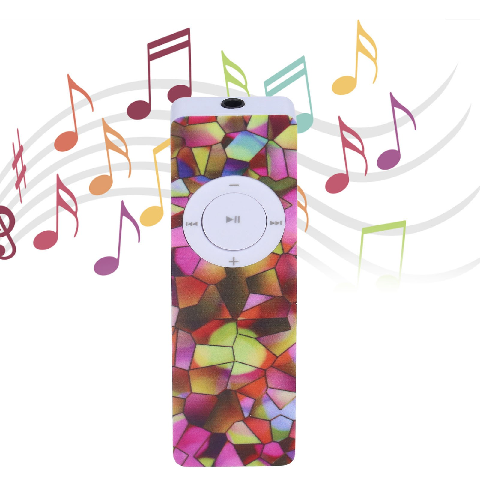Ein kleiner MP3-Player mit bunten Mustern und Noten auf weißem Hintergrund.