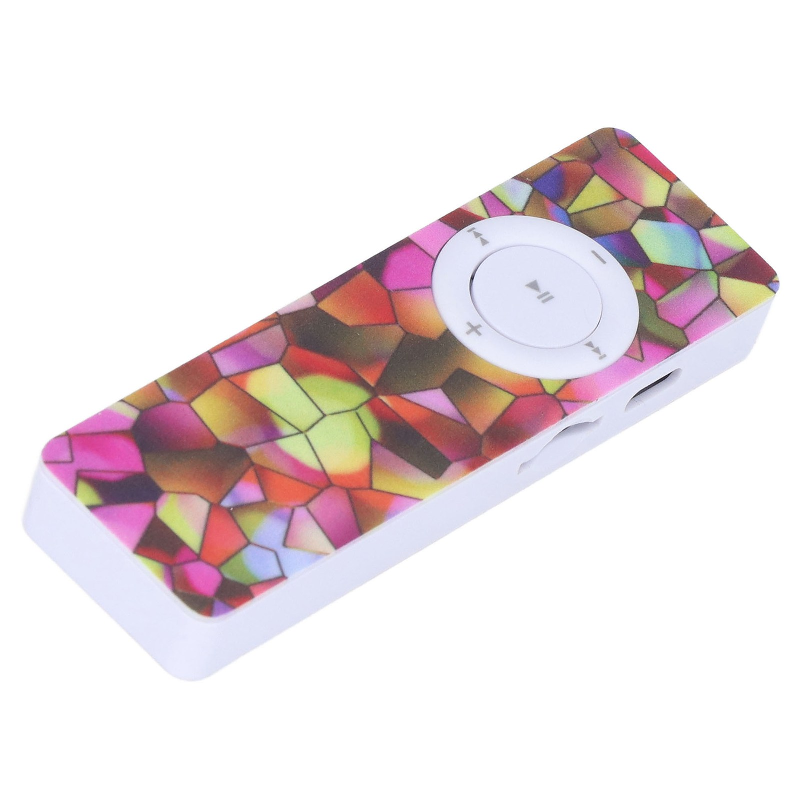 Ein farbenfroher MP3-Player mit Touchscreen. Er hat Steuertasten und einen weißen Hintergrund.