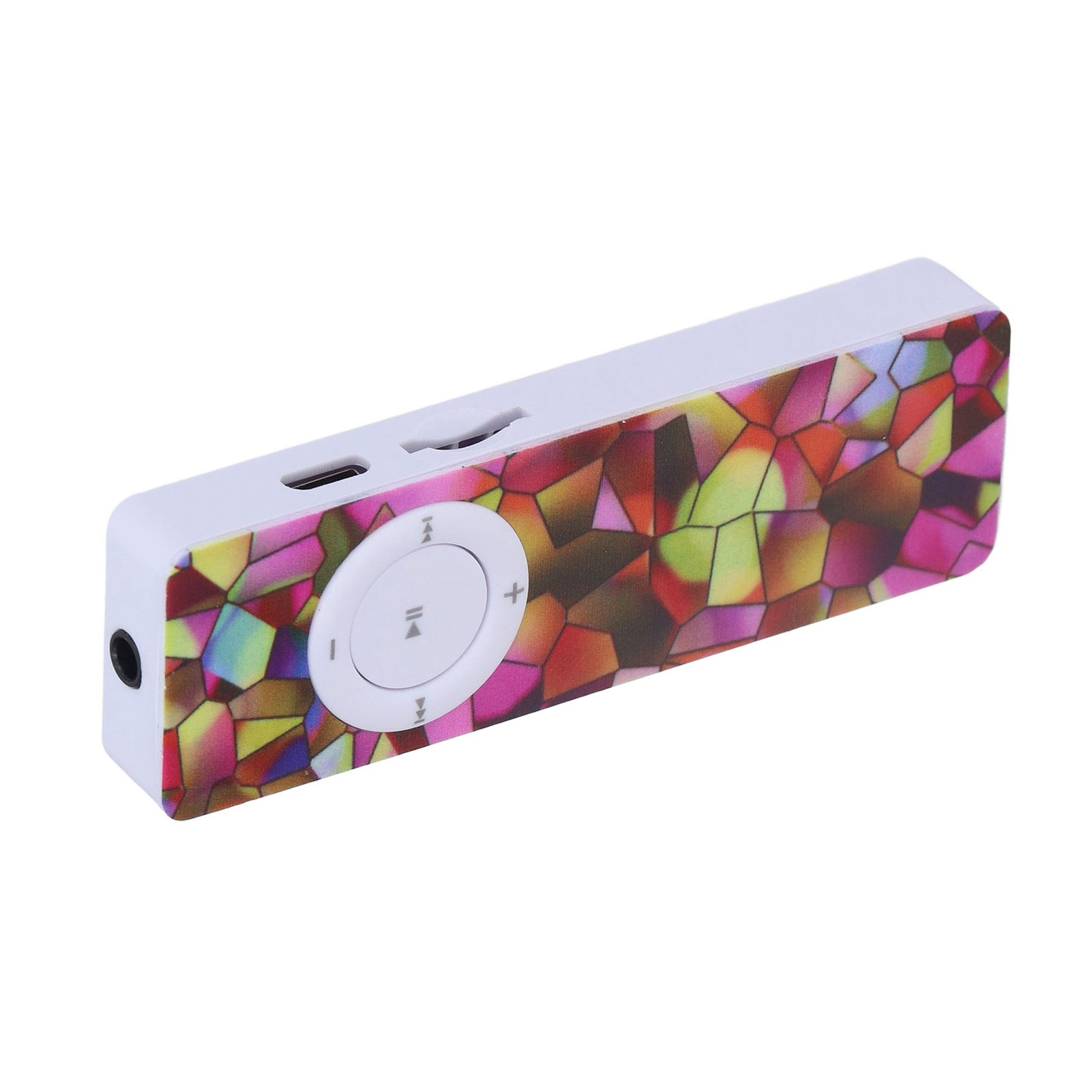 Ein kleiner, rechteckiger Musikplayer mit einem bunten, geometrischen Muster. Er hat ein Bedienfeld.
