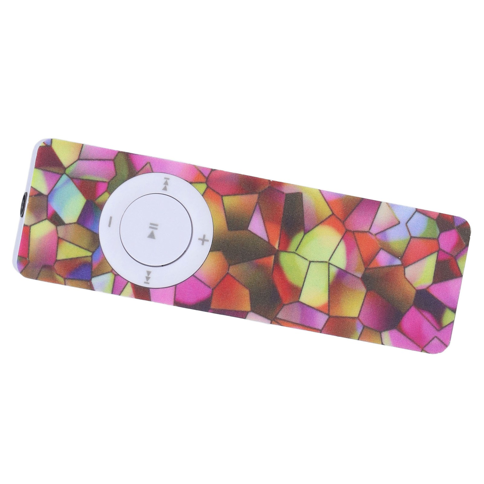 Ein rechteckiger MP3-Player mit einem farbenfrohen, mosaikartigen Muster auf der Vorderseite. Es hat Steuertasten.