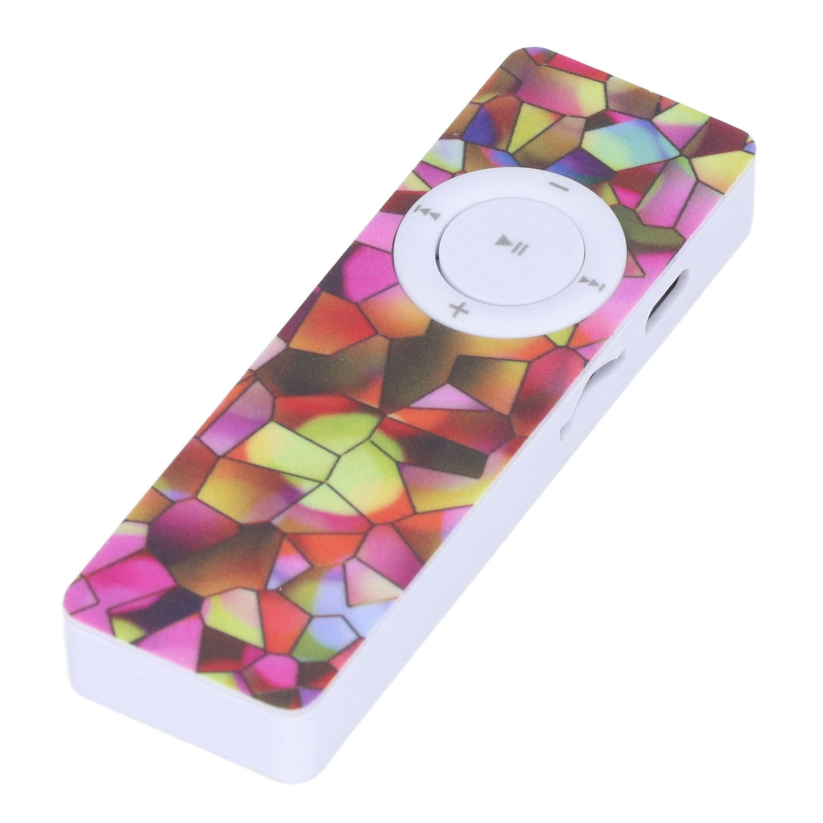 MP3-Player mit farbenfrohem Design. Knöpfe, Bildschirm und Kopfhöreranschluss sichtbar.