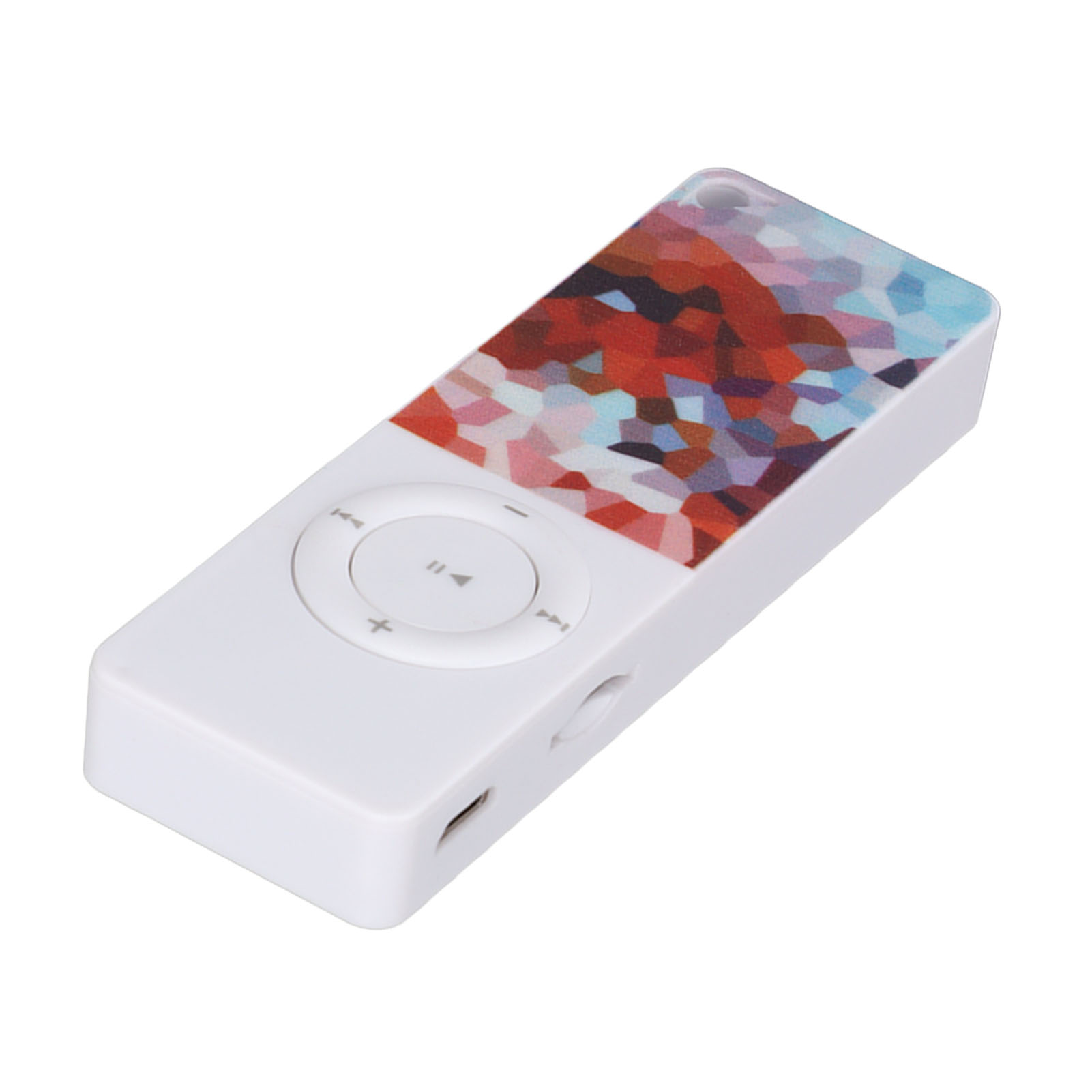 Weißer MP3-Player mit Farbdesign oben. Hat Tasten für Wiedergabe/Pause, Vorwärts und Rückwärts.
