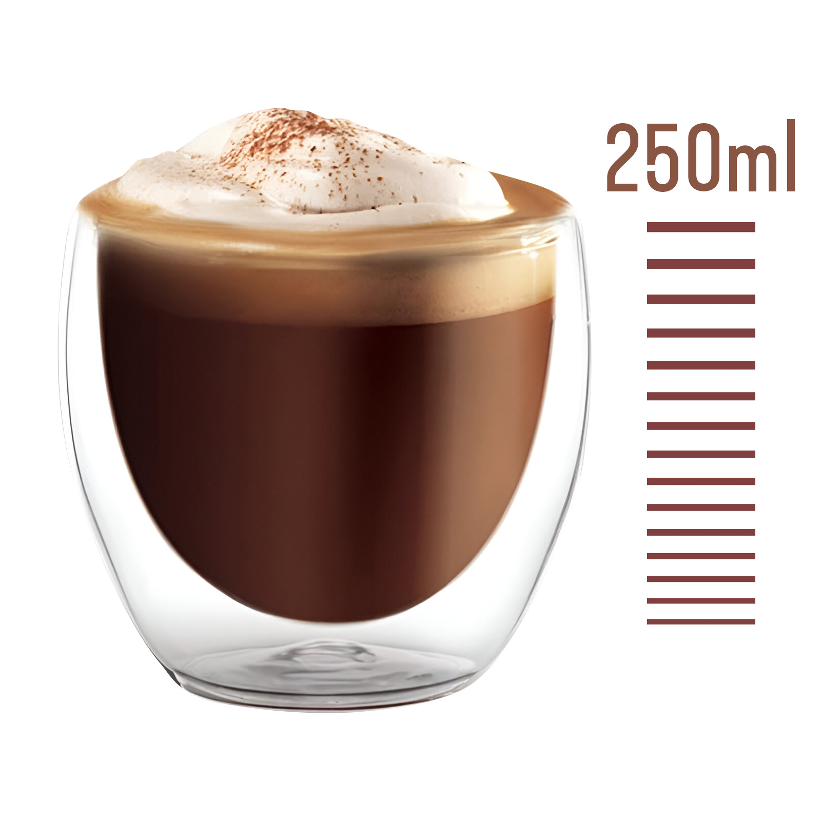 Ein Glas Kaffee mit Schaum oben drauf, mit der Größe von 250 ml durch Linien an der Seite markiert.