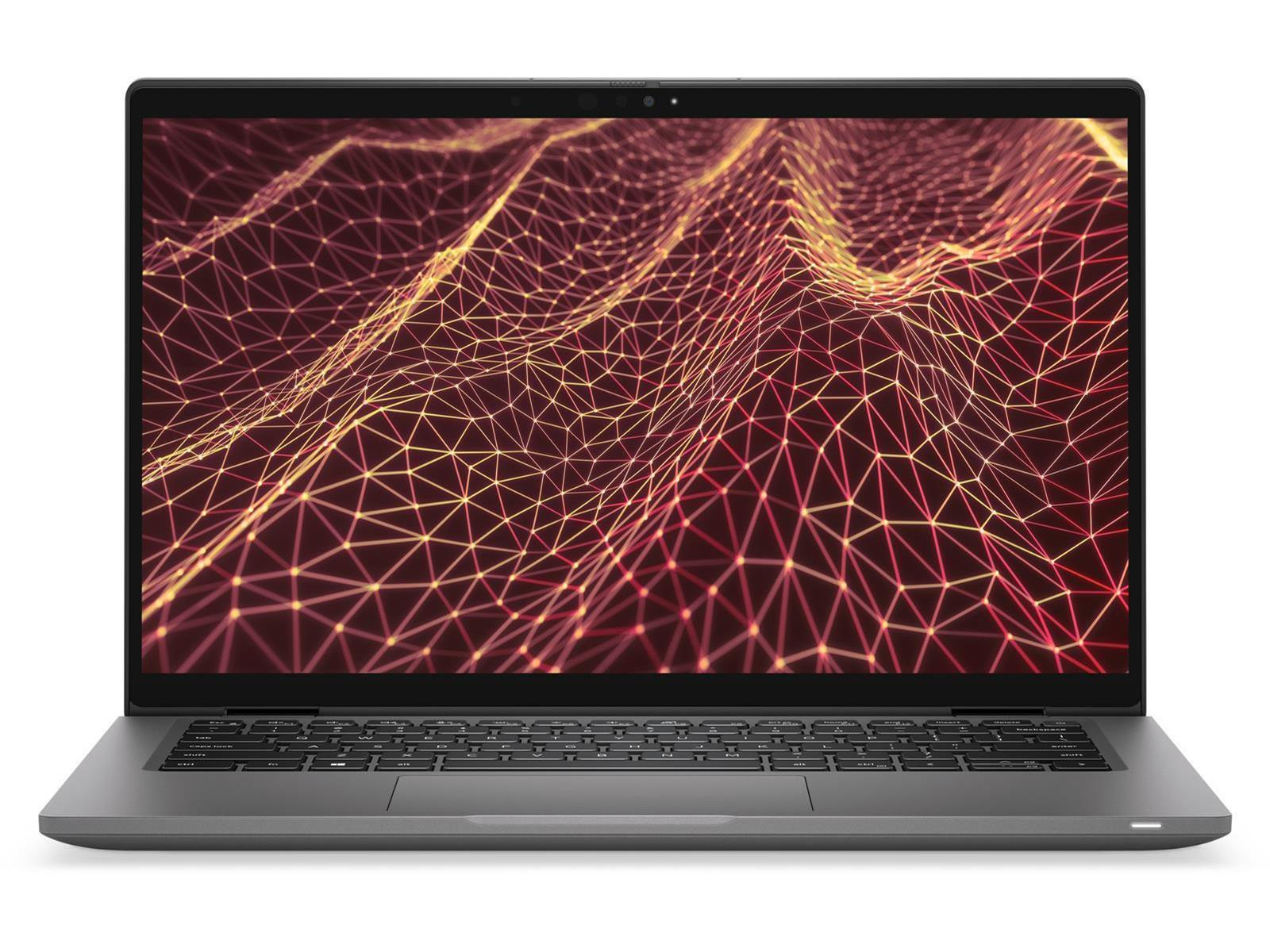 Ein Laptop mit einem Bildschirm, der ein rotes und gelbes Netzwerk-Muster anzeigt. Der Laptop ist grau und geöffnet.