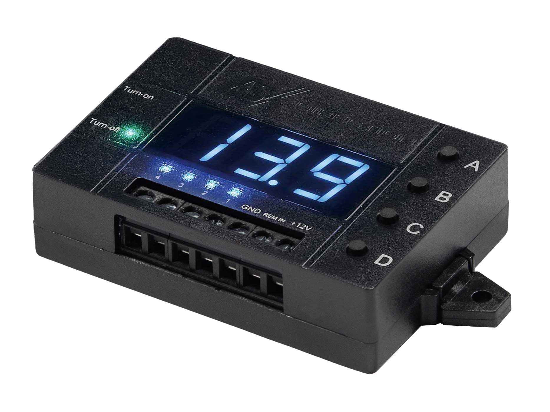 Schwarzes elektronisches Gerät mit '13.9' auf einem Display. Knöpfe und Anschlüsse.