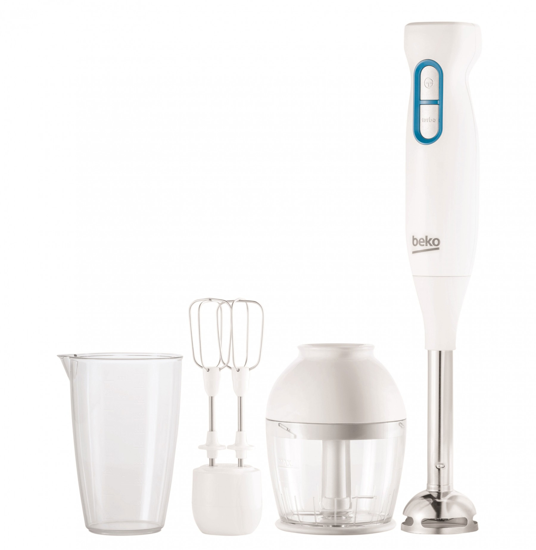 Frullatore a immersione bianco e blu con accessori: bicchiere, frusta e tritatutto. Bianco.