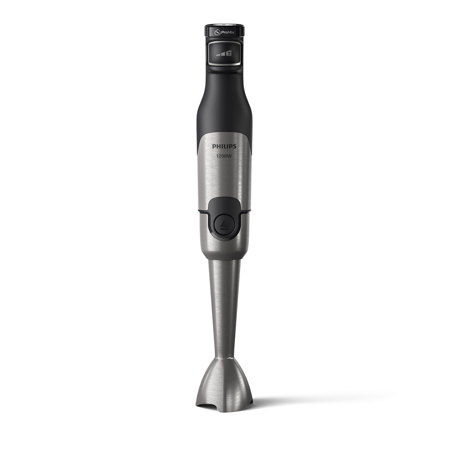 Een zilver-zwarte Philips staafmixer wordt weergegeven op een witte achtergrond.