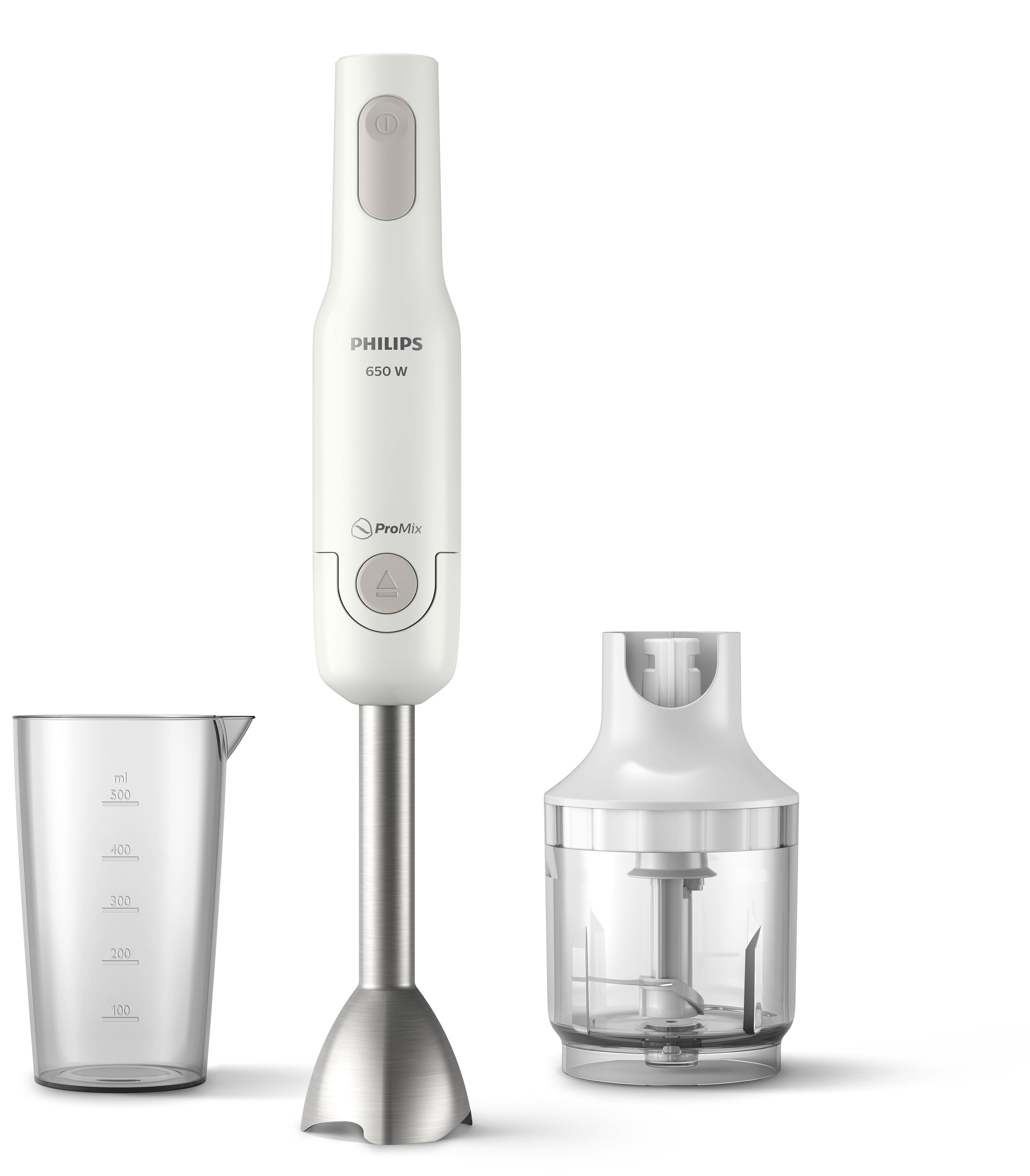 Ein weißes Philips-Stabmixerset mit Becher und Zerkleinereraufsatz auf weißem Hintergrund.