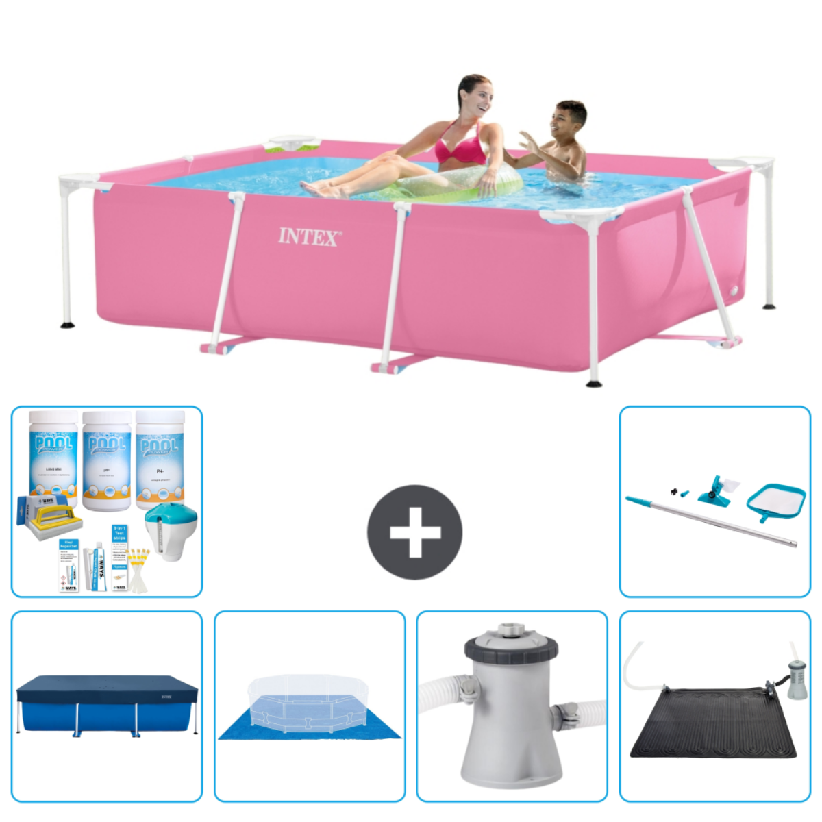 Roze Intex zwembad met mensen en accessoires. Inclusief chemicaliën, covers en pomp.