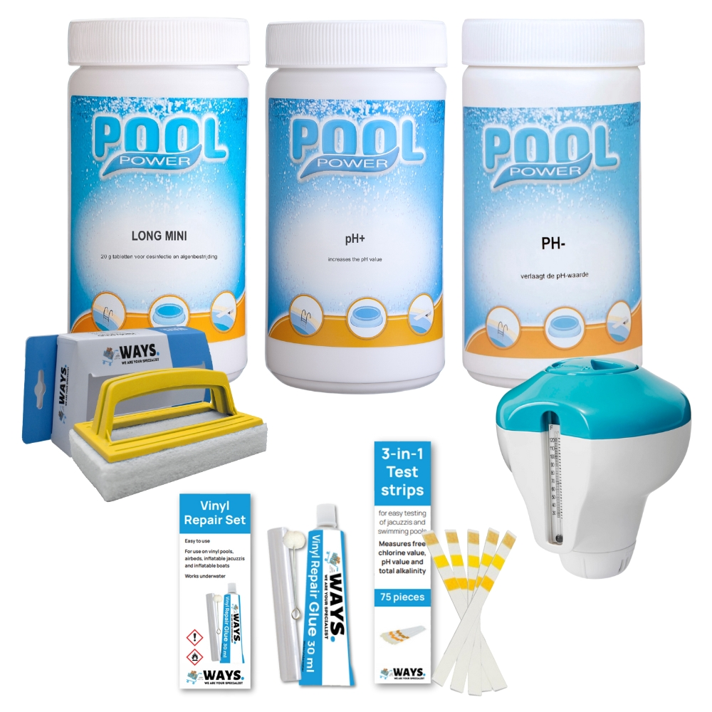 Zwembadchemicalienset met Pool Power-flessen, teststrips en een drijvende dispenser.