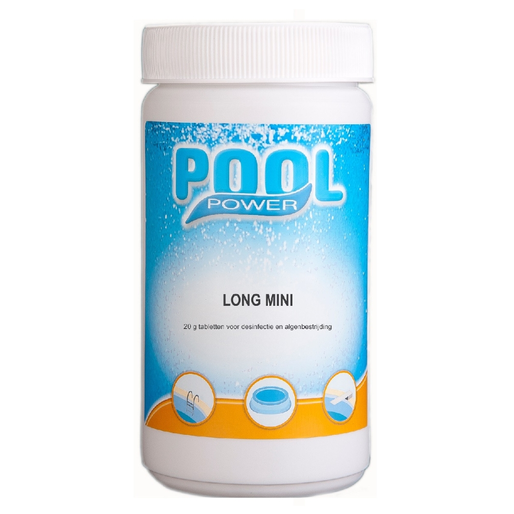 Weiße Plastikflasche mit blauem Etikett, Aufschrift 'POOL POWER LONG MINI', mit Poolbildern.