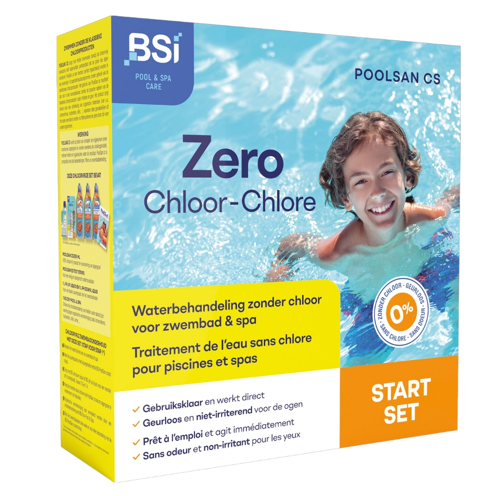 Verpacktes Pool- und Spa-Pflegeprodukt mit Kind im Pool. Enthält kein Chlor.