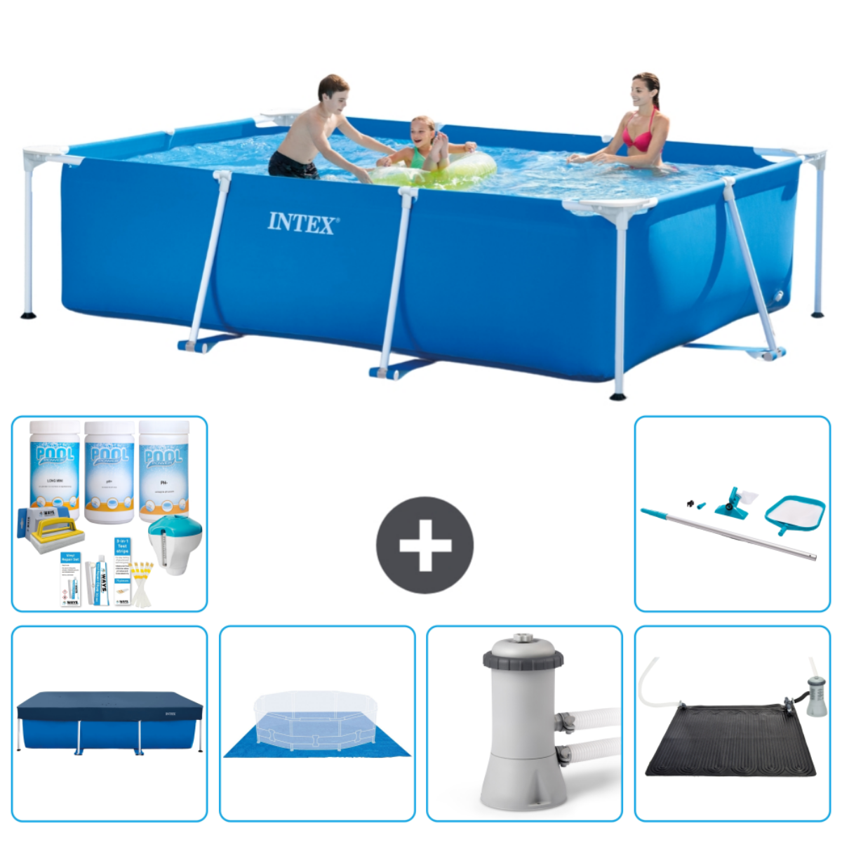 Blauw Intex zwembad met mensen en accessoires. Inclusief zwembadchemicaliën, covers en pomp.