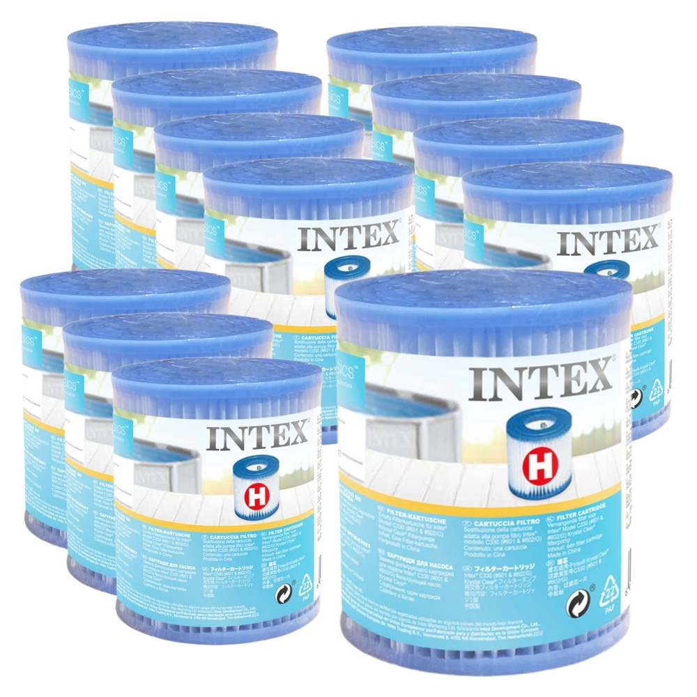 Set von Intex Filterpatronen. Zylindrisch mit blauem Deckel und mit Intex beschriftet.