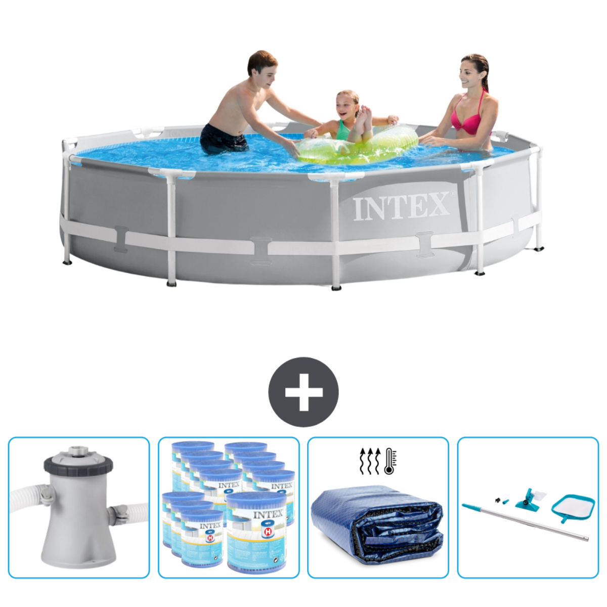 Des personnes dans une piscine Intex. Les accessoires sont un filtre, des comprimés de chlore et des outils de nettoyage.