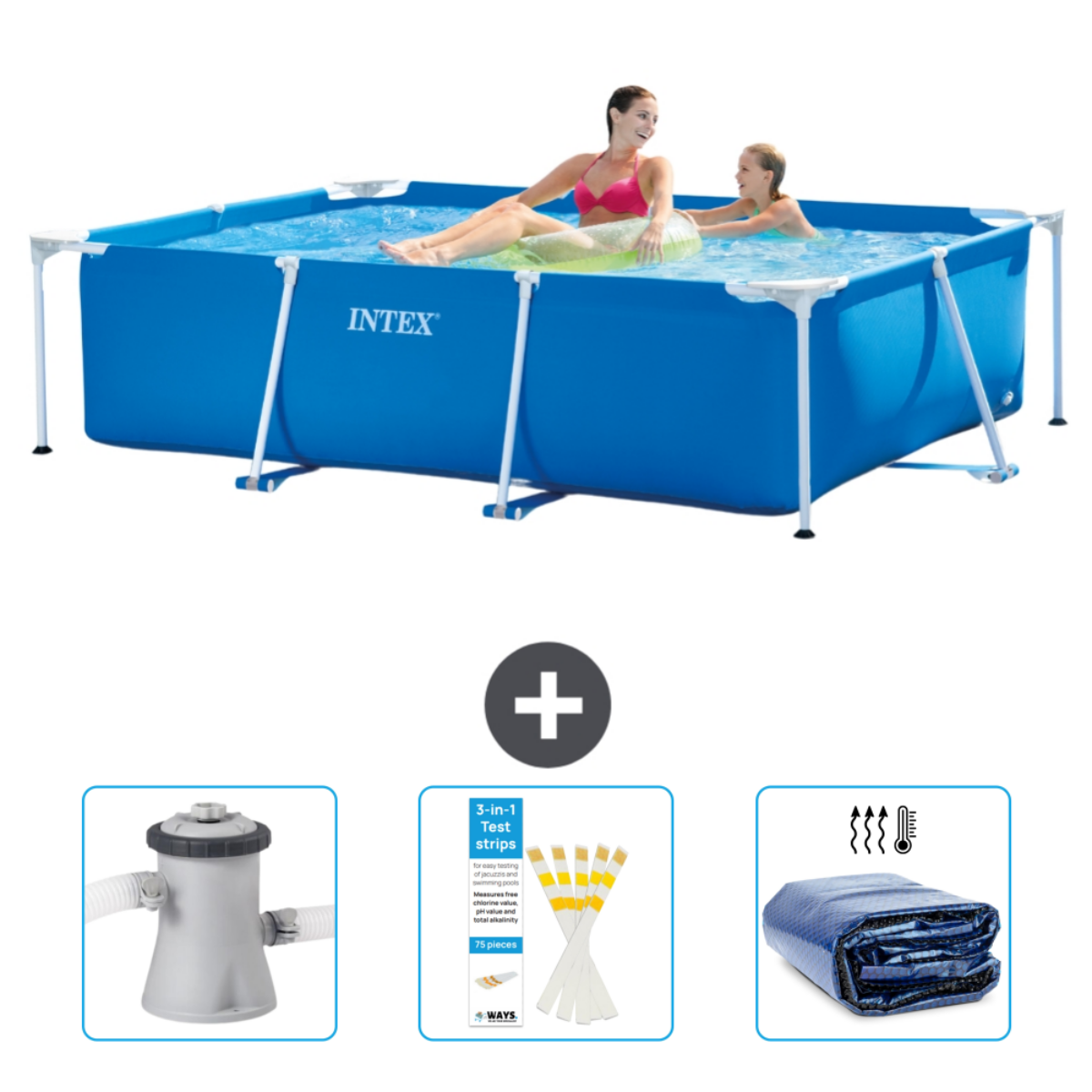 Mensen in een blauw rechthoekig Intex zwembad. Accessoires zijn onder meer filter, teststrips en een afdekzeil.