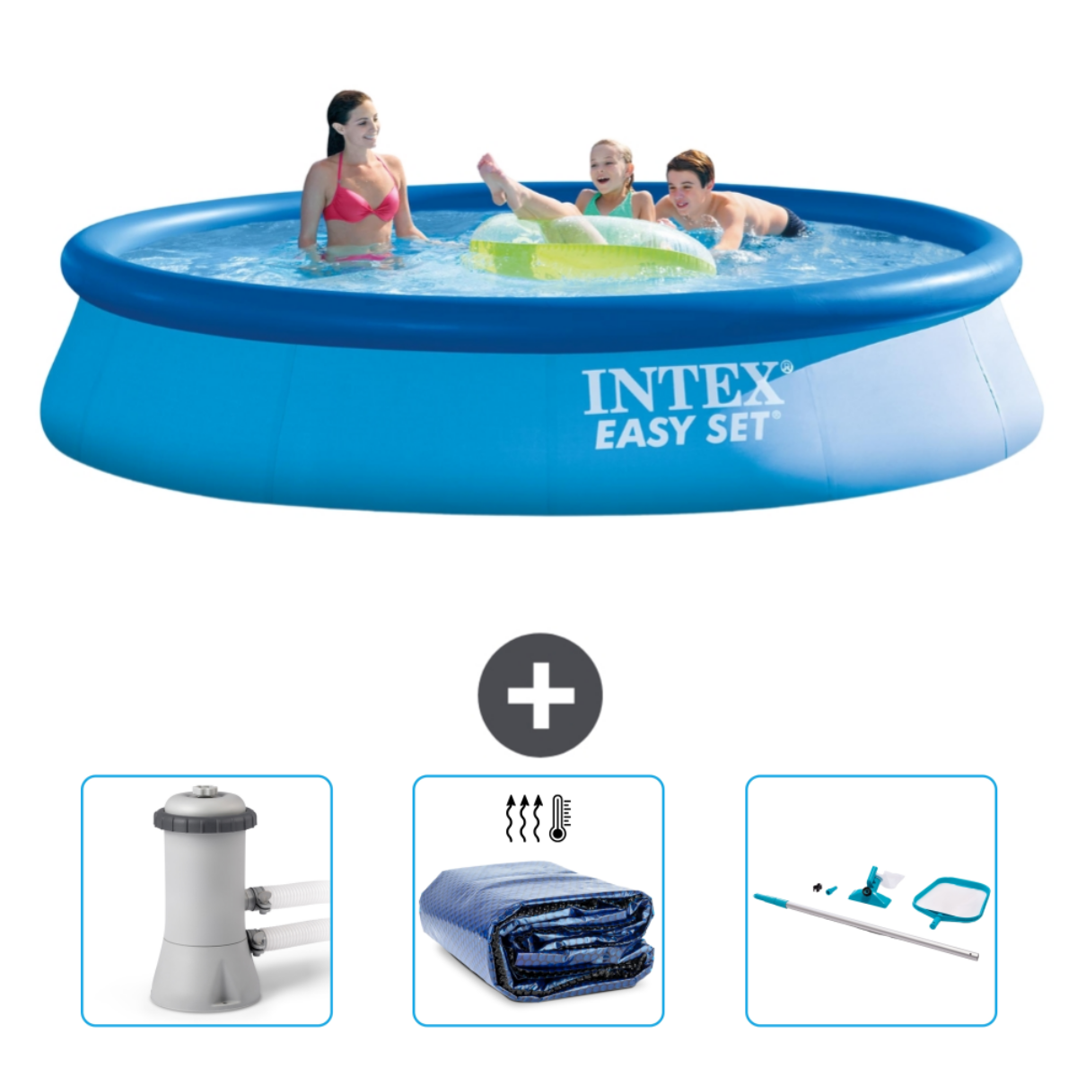 Blauer Intex Easy Set Pool mit Personen. Filter, Abdeckung und Reinigungsgerät auch.