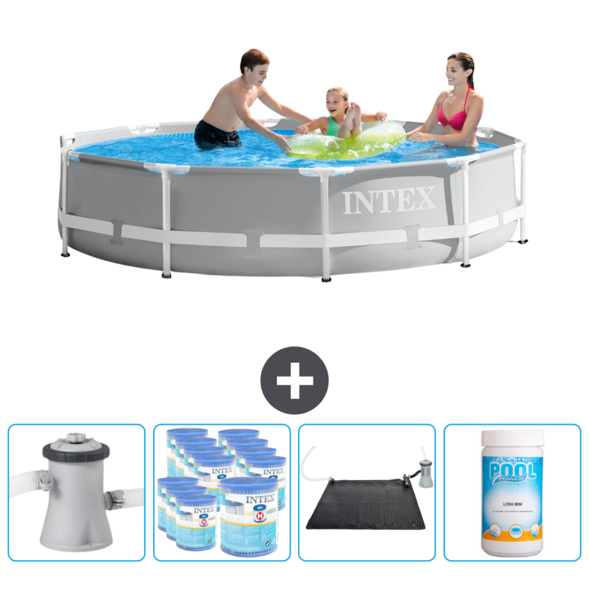 Grauer Intex-Pool mit schwimmenden Personen und Zubehör wie Pumpe und Chemikalien.