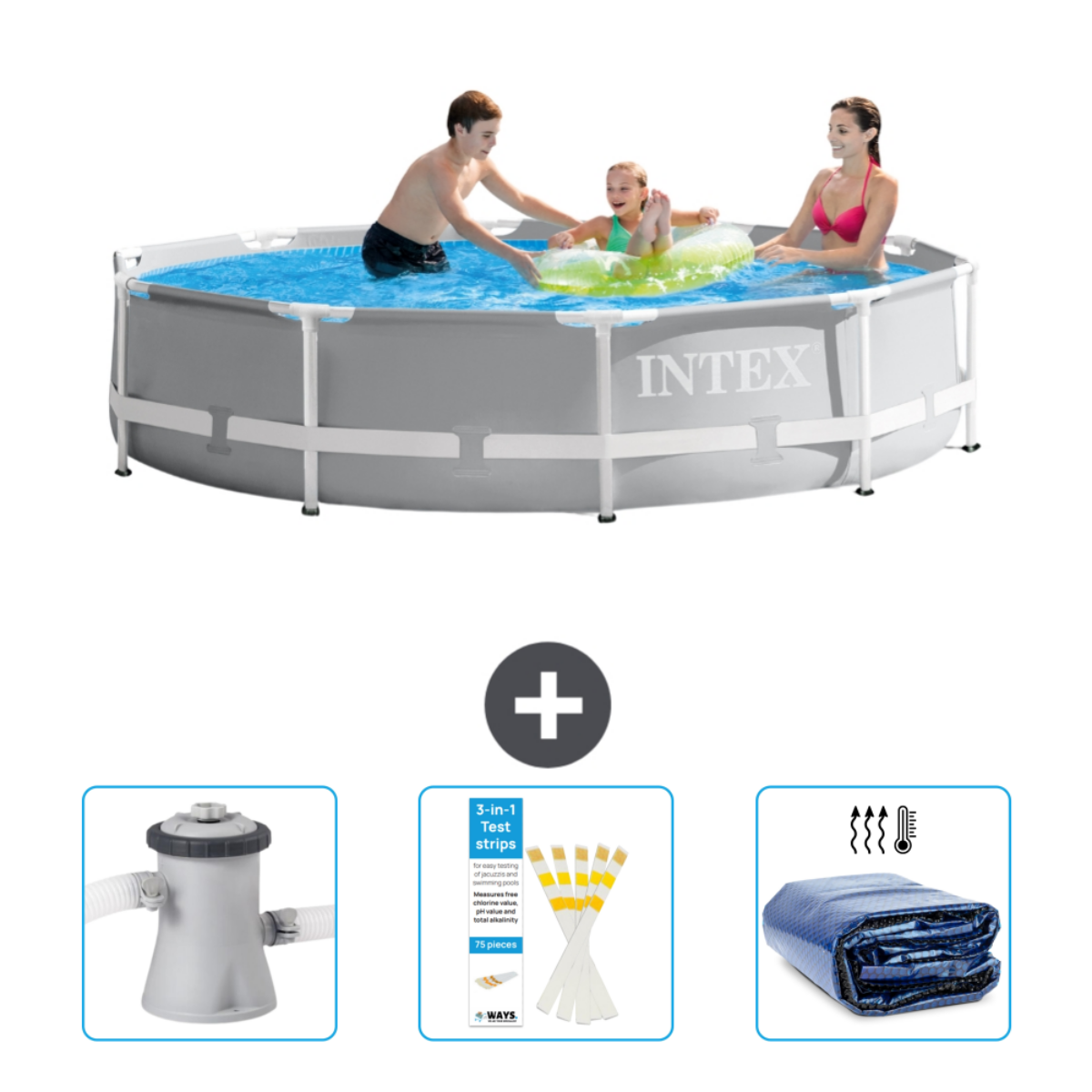 Menschen in einem grauen rechteckigen Pool mit Zubehör. Intex Pool mit Menschen und Zubehör.