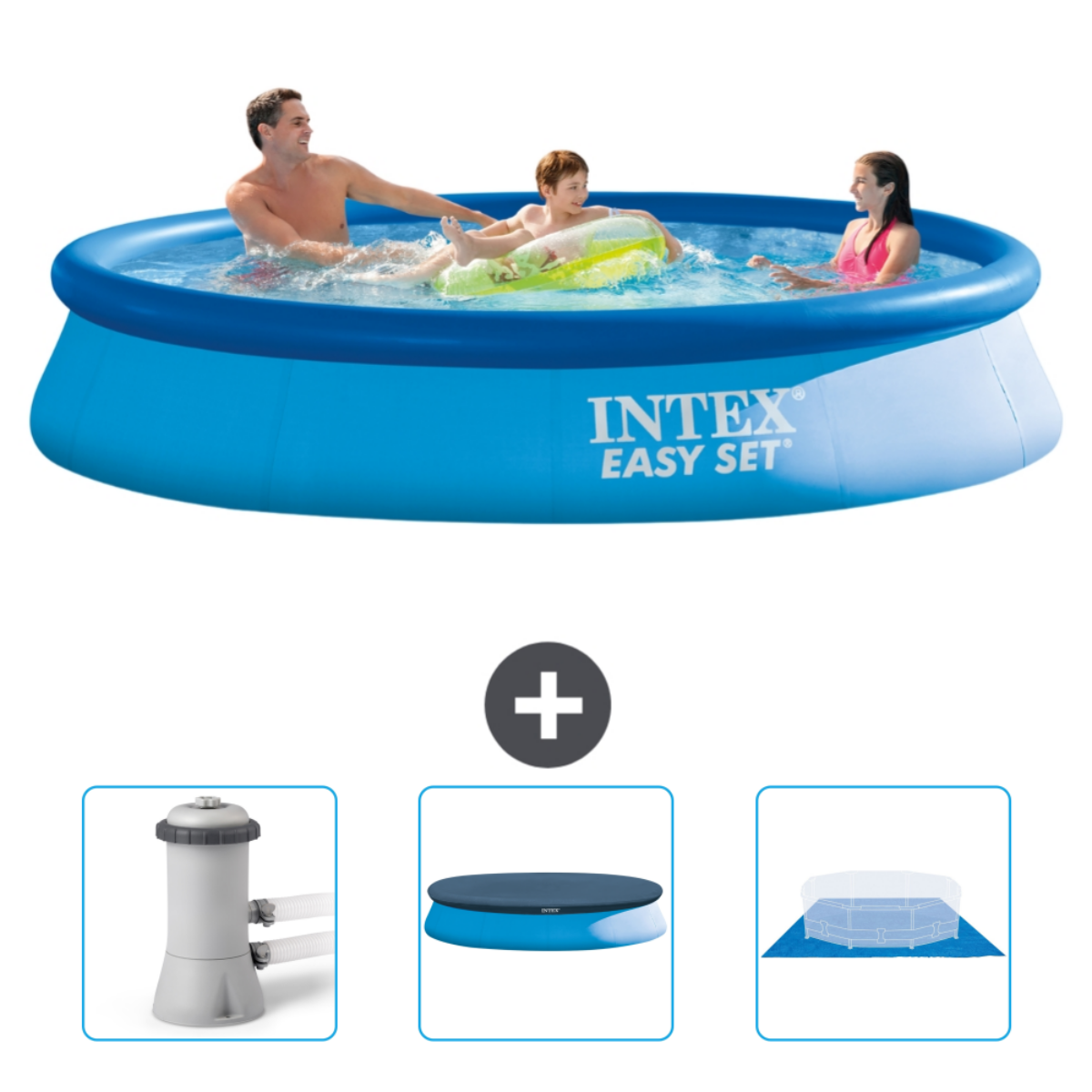 Blauer Intex Easy Set Pool mit Personen, Filter, Abdeckung und Zubehör. Personen im Pool.