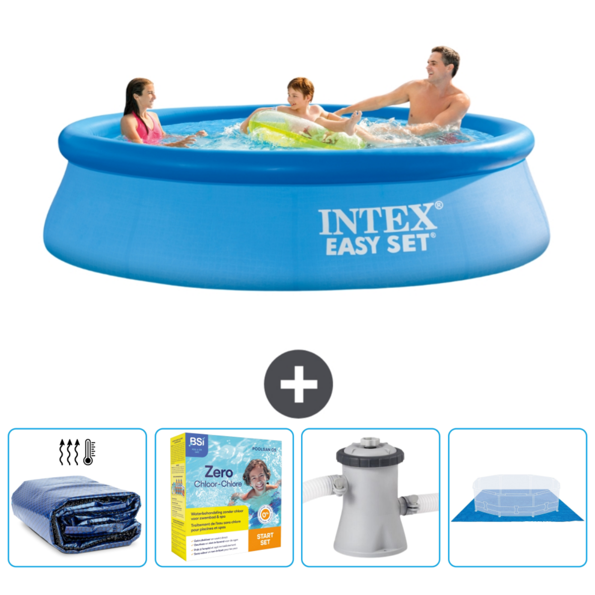 Leute in einem blauen Intex-Pool. Beinhaltet Pool, Pumpe, Poolabdeckung und Chlor.