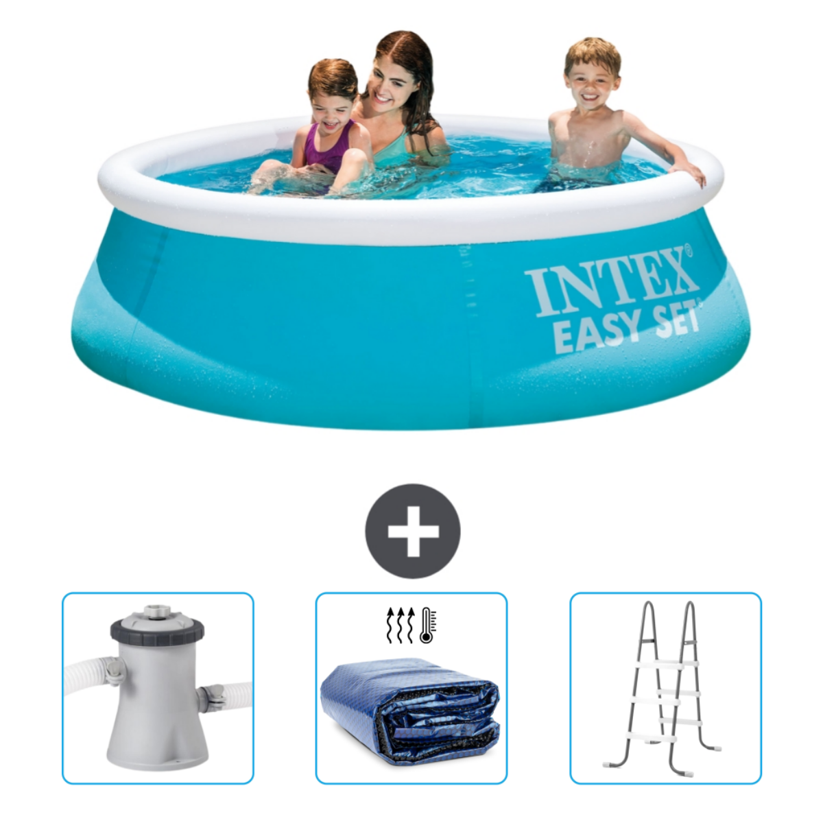 Kinder und eine Frau in einem blauen Pool. Zubehör: Pumpe, Abdeckung, Leiter.