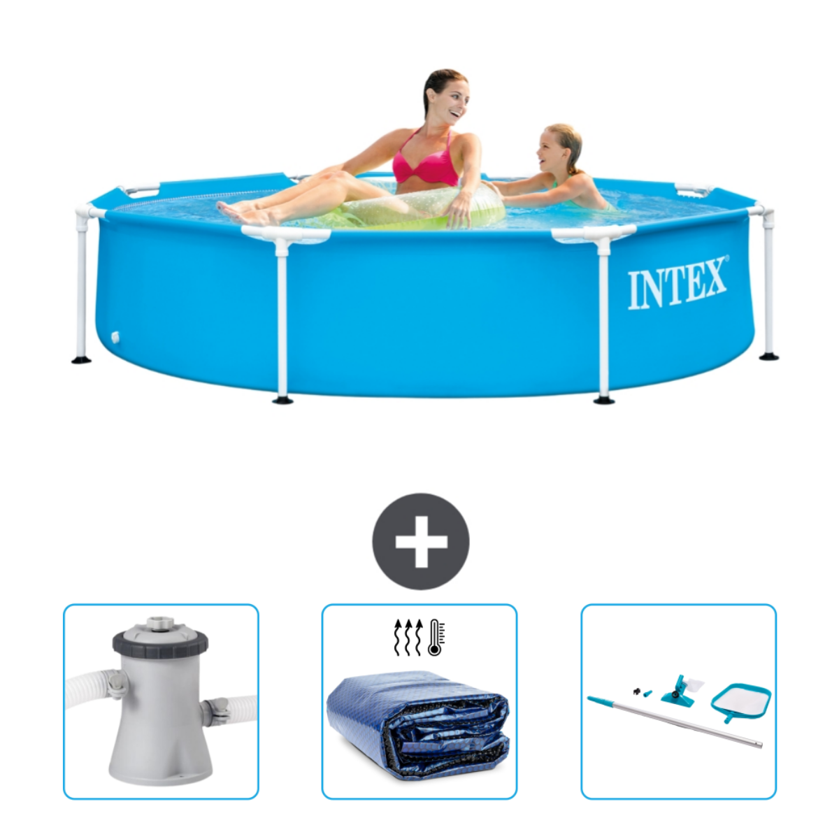 Pool mit Personen, plus Filter, Abdeckung und Reinigungsgerät. Das 'INTEX' Logo ist sichtbar.