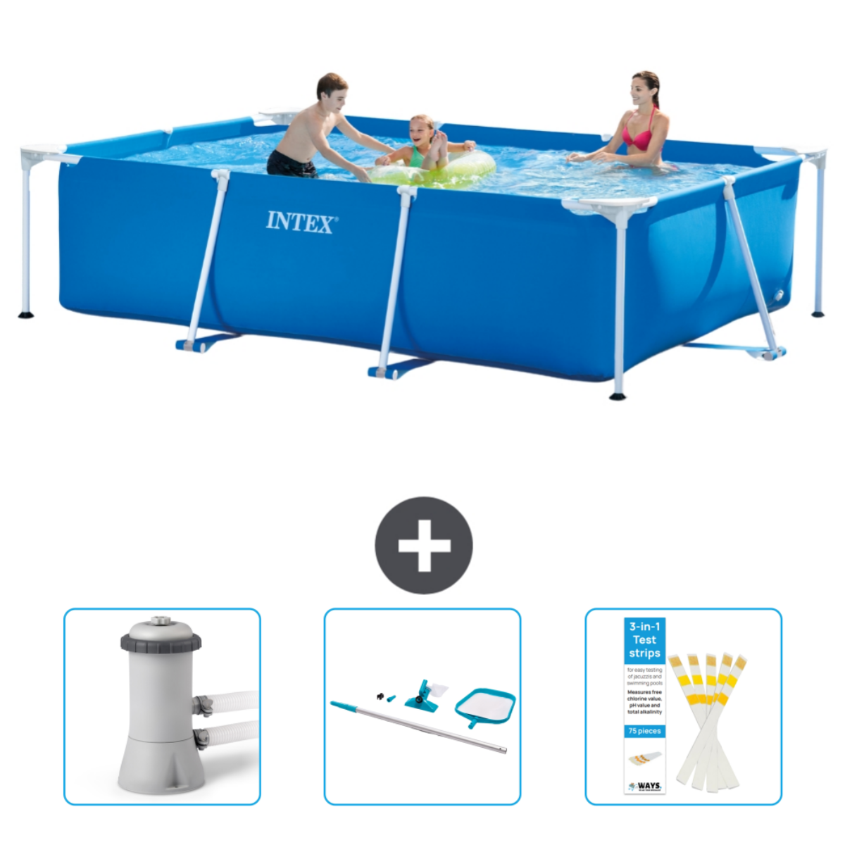 Leute in blauem rechteckigen Pool mit Zubehör: Filter, Reinigungsset, Teststreifen.