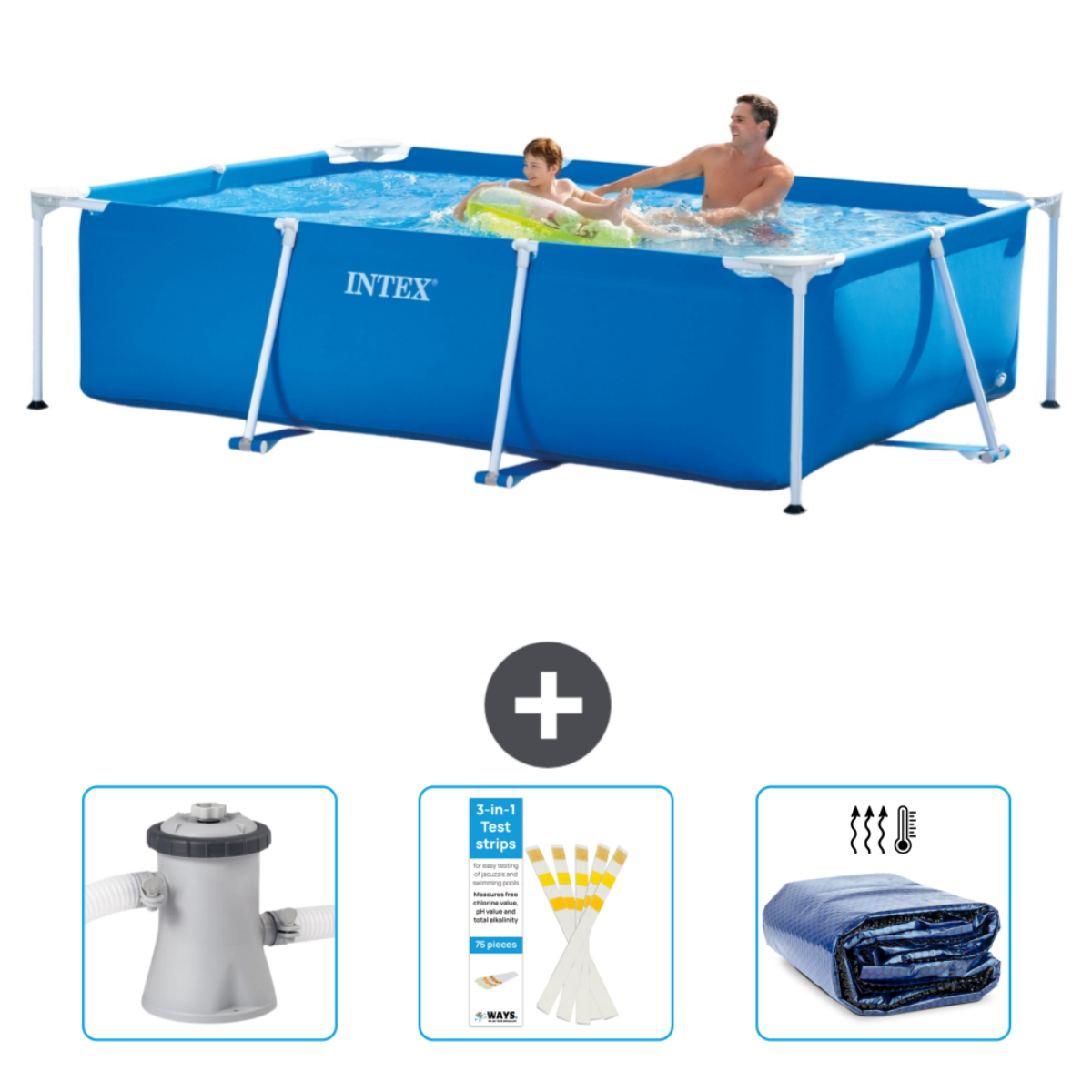 Een rechthoekig blauw zwembad met mensen. Inclusief benodigdheden: filter, strips en afdekzeil.