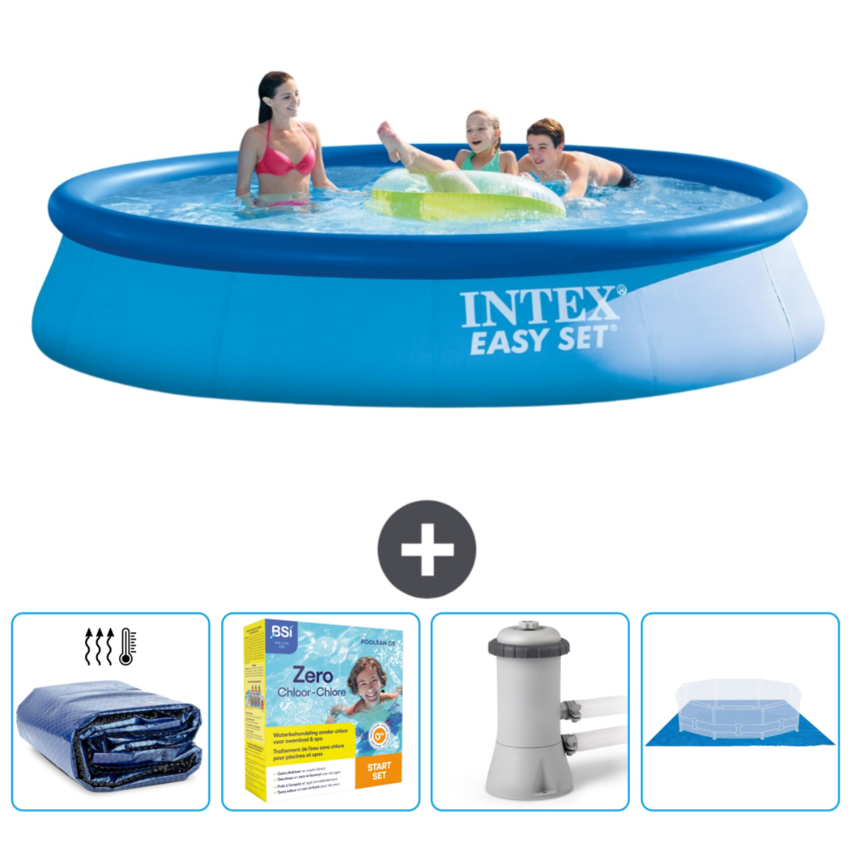 Menschen in einem blauen Planschbecken mit Zubehör. Intex Easy Set Pool mit Menschen.
