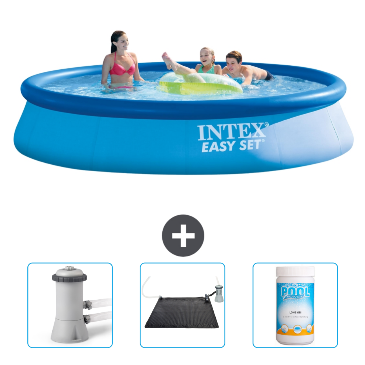 Blauer Intex Easy Set Pool mit Personen, Filter, Solarheizung und Chemikalien. Personen im Pool.