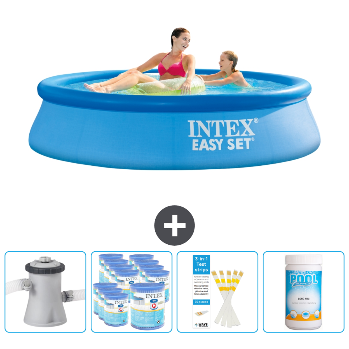 Rond zwembad met mensen en accessoires. Blauw water met luchtreflectie. Witte achtergrond.